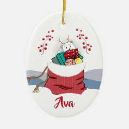 Cartoon Polar Beer Peking in Santa's Bag Ornament