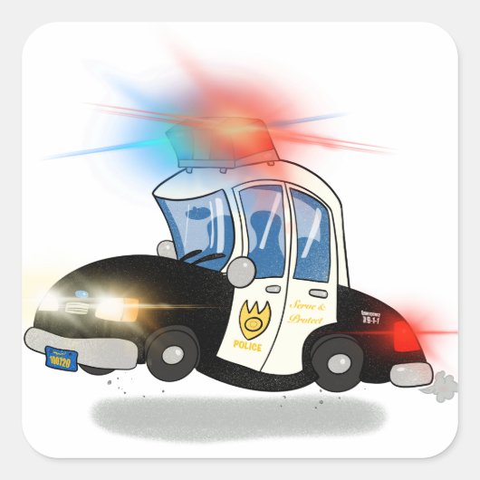 Cartoon politieauto met gevechtslicht vierkante sticker (Voorkant)