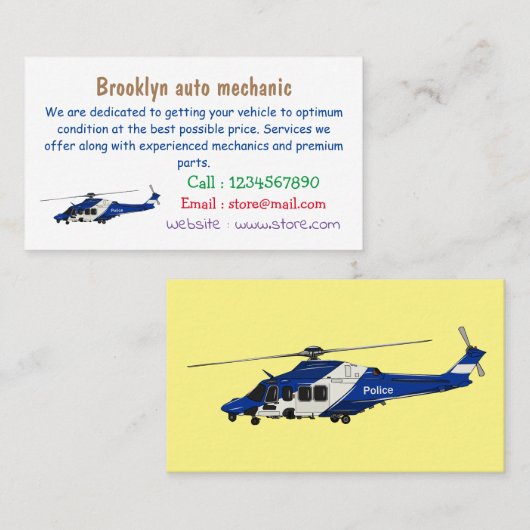 Cartoon politieluchtschroefvliegtuigen visitekaartje (Voorkant / Achterkant)