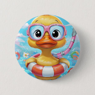 Cartoon Pool Party Duck met snorkel en zwemuitrust Ronde Button 5,7 Cm