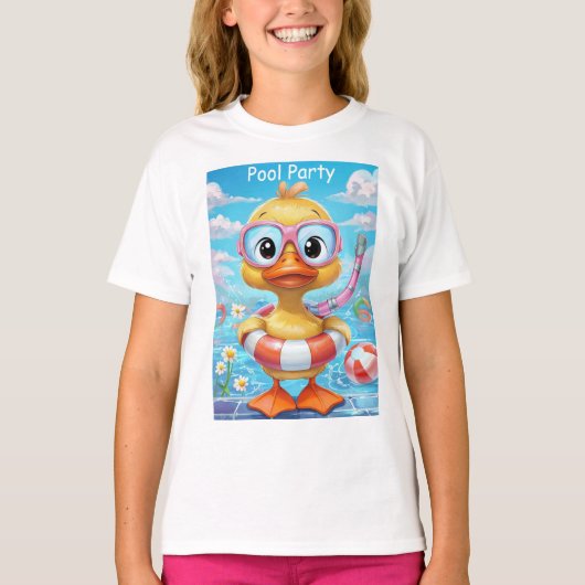 Cartoon Pool Party Duck met snorkel en zwemuitrust T-shirt (Voorkant)