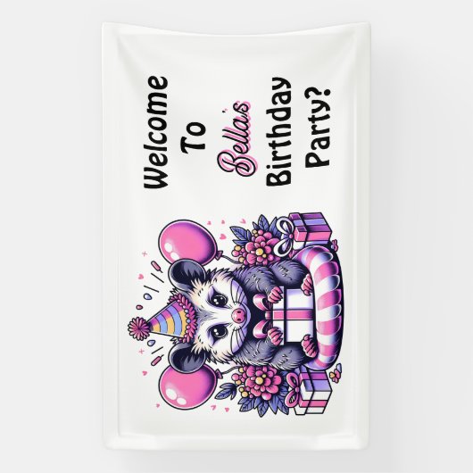 Cartoon Possum Verjaardagsfeestje van het meisje W Spandoek (Verticaal)