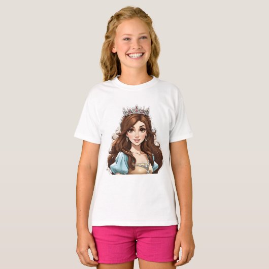 Cartoon Prinses Lang Haar Tiara Kroonbaljurk T-shirt (Voorkant volledig)