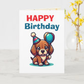 Cartoon Puppy Birthday Card - Modern Cute Kaart (Gele Bloem)