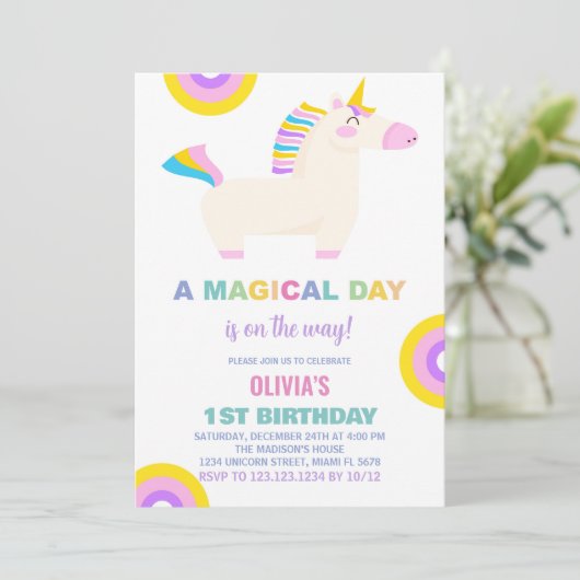 Cartoon Rainbow Unicorn Verjaardagsuitnodigingen Kaart (Staand voorkant)