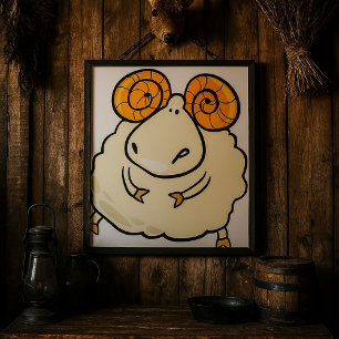 Cartoon Ram Schaap met Gekrulde Hoorns Poster
