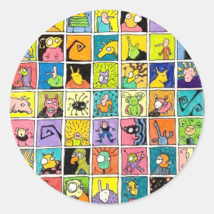 Cartoon Rare Grappige Gezichten Vierkante Ontwerpe Ronde Sticker