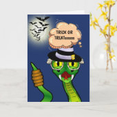 Cartoon ratelslang leuke truc traktaties Halloween Kaart (Gele Bloem)