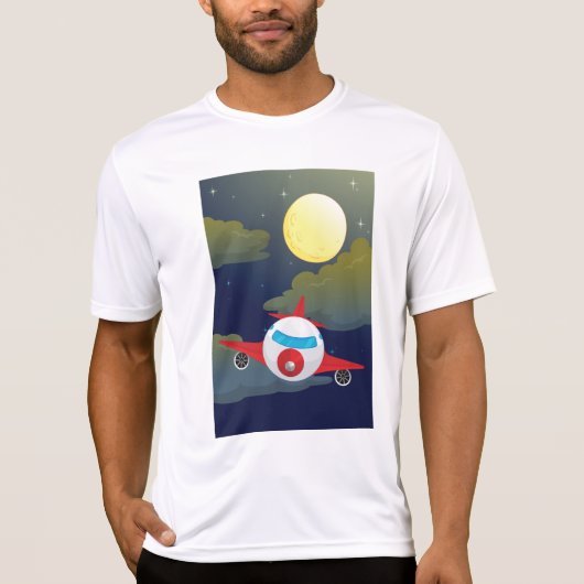 Cartoon Red Airplane Flying In Night Sky T-shirt (Voorkant)