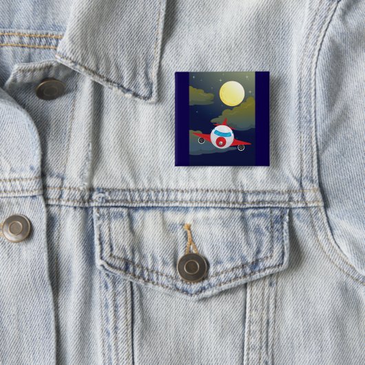 Cartoon Red Airplane Flying In Night Sky Vierkante Button 5,1 Cm (In situ)