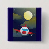 Cartoon Red Airplane Flying In Night Sky Vierkante Button 5,1 Cm (Voorkant)