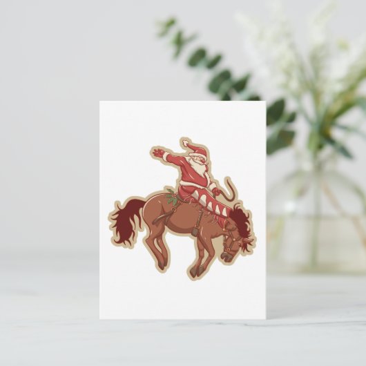 Cartoon red santa claus ryding op paard briefkaart (Staand voorkant)