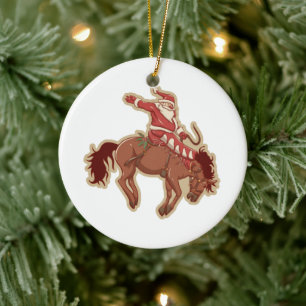 Cartoon red santa claus ryding op paard keramisch ornament