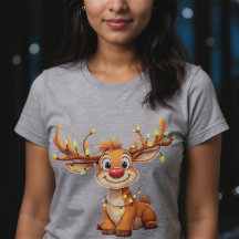 Cartoon reindeer with red nose and lights