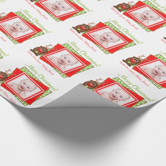 Cartoon rendier Baby foto gepersonaliseerde kerst Cadeaupapier (Hoek)