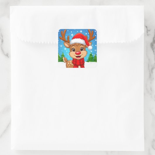 Cartoon rendier met kerstmuts vierkante sticker (Tas)