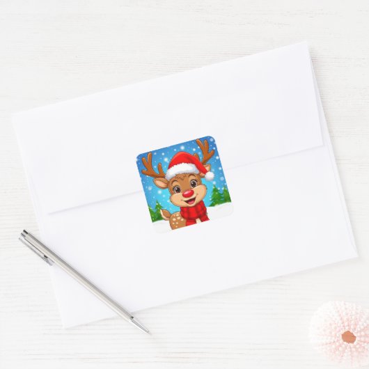 Cartoon rendier met kerstmuts vierkante sticker (Envelop)