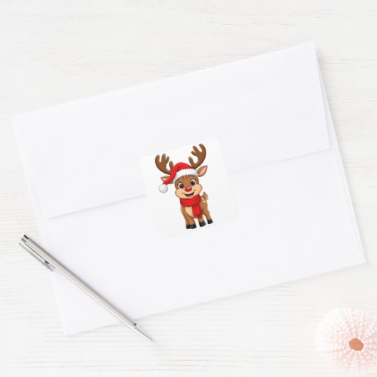 Cartoon rendier met kerstmuts vierkante sticker (Envelop)