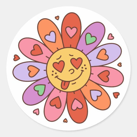 cartoon retro groovy hippie liefhebber daisy flowe ronde sticker (Voorkant)