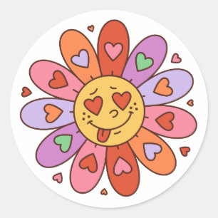 cartoon retro groovy hippie liefhebber daisy flowe ronde sticker
