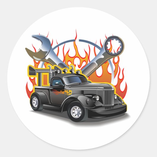 Cartoon retro hete stang ronde sticker (Voorkant)