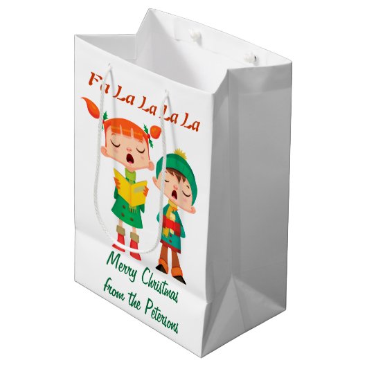 Cartoon Retro KerstCarolers gepersonaliseerd Medium Cadeauzakje (Voorkant Gekanteld)