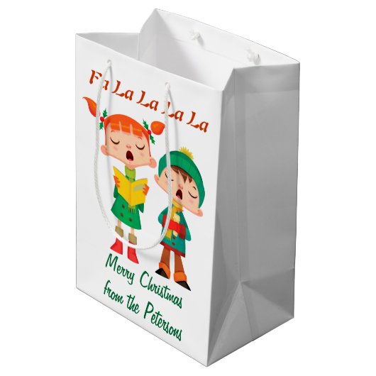 Cartoon Retro KerstCarolers gepersonaliseerd Medium Cadeauzakje (Achterkant Gekanteld)