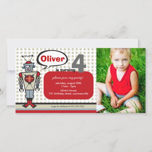 Cartoon Retro Robot Cute Kinder Boy Birthday Party (Voorkant)