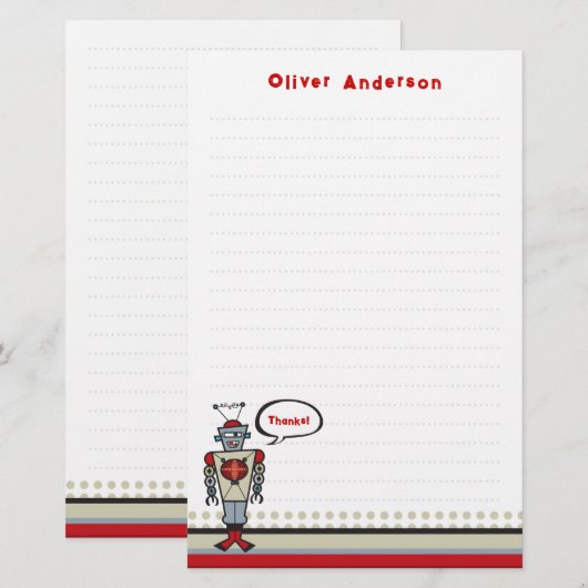 Cartoon Retro Robot Cute Kinder Boy Birthday Party Briefpapier (Voorkant / Achterkant)