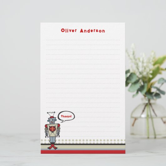 Cartoon Retro Robot Cute Kinder Boy Birthday Party Briefpapier (Staand voorkant)