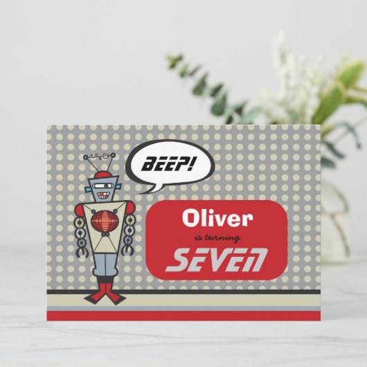 Cartoon Retro Robot Cute Kinder Boy Birthday Party Kaart (Staand voorkant)