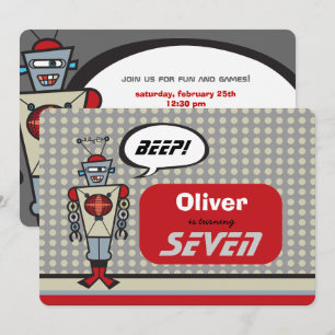 Cartoon Retro Robot Cute Kinder Boy Birthday Party Kaart