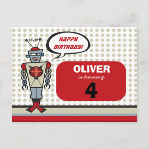 Cartoon Retro Robot Cute Kinder Boy Birthday Party Uitnodiging Briefkaart
