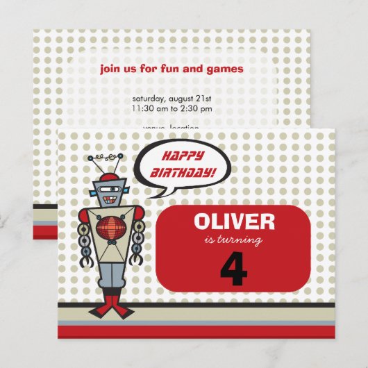 Cartoon Retro Robot Cute Kinder Boy Birthday Party Uitnodiging Briefkaart (Voorkant / Achterkant)