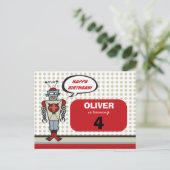 Cartoon Retro Robot Cute Kinder Boy Birthday Party Uitnodiging Briefkaart (Staand voorkant)