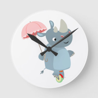 Cartoon Rhino met membrella over de Unicycle Wall  Ronde Klok