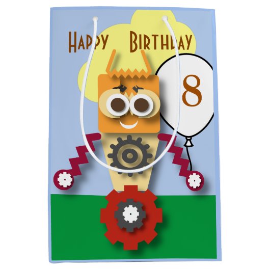 Cartoon Robot Bewerkbare Kinderverjaardag   Medium Cadeauzakje (Voorkant)