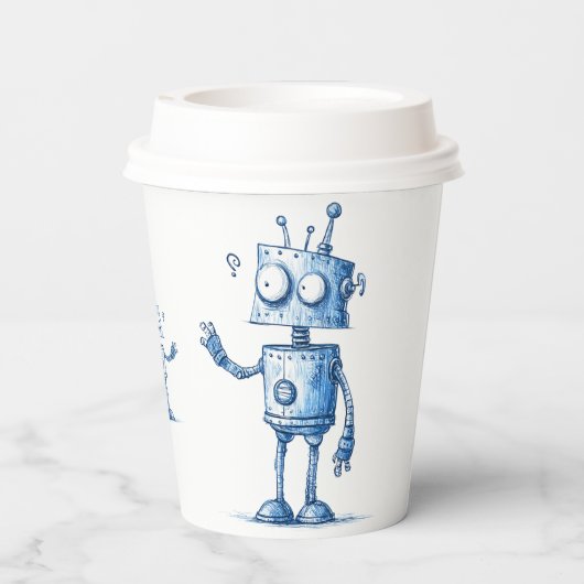Cartoon Robot Coffee Cup - Tech Buddy To Go Papieren Bekers (Achterkant)