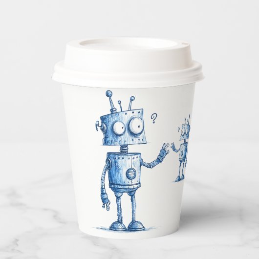 Cartoon Robot Coffee Cup - Tech Buddy To Go Papieren Bekers (Voorkant)
