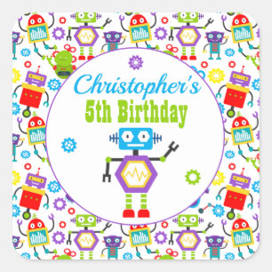 Cartoon Robot Thema Verjaardagsfeest Vierkante Sticker