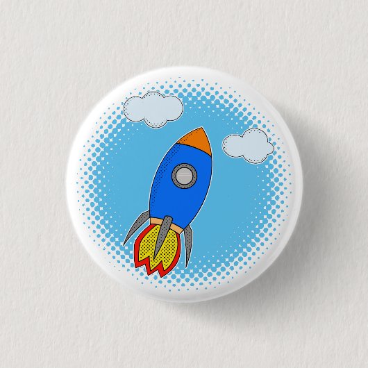 Cartoon Rocket in Blue Sky Halftones Ronde Button 3,2 Cm (Voorkant)