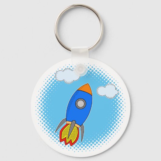 Cartoon Rocket in Blue Sky Halftones Sleutelhanger (Voorkant)