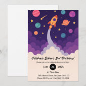 Cartoon Rocket & Kleurrijke Galaxy Verjaardag Kaart (Voorkant / Achterkant)