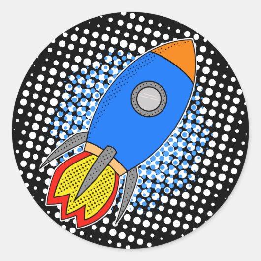 Cartoon Rocket met Halftones Melkweg Ronde Sticker (Voorkant)