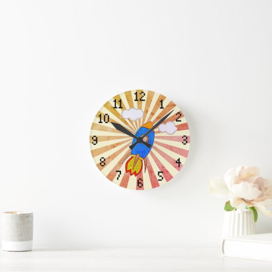 Cartoon Rocket Retro Sunset Decorative Ronde Klok (Huis)