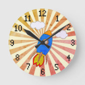 Cartoon Rocket Retro Sunset Decorative Ronde Klok (Voorkant)