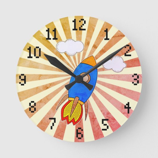 Cartoon Rocket Retro Sunset Decorative Ronde Klok (Voorkant)