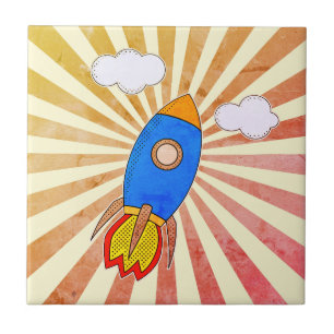 Cartoon Rocket Retro Sunset Decorative Tegeltje