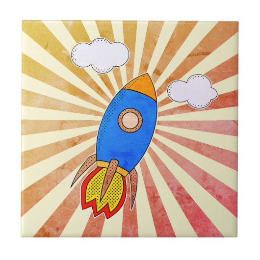 Cartoon Rocket Retro Sunset Decorative Tegeltje (Voorkant)