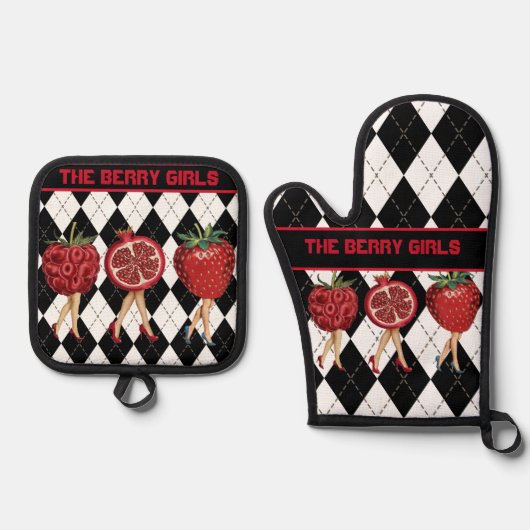 Cartoon rode bessen dames-de bessen meisjes ovenwant & pannenlap set (Voorkant)